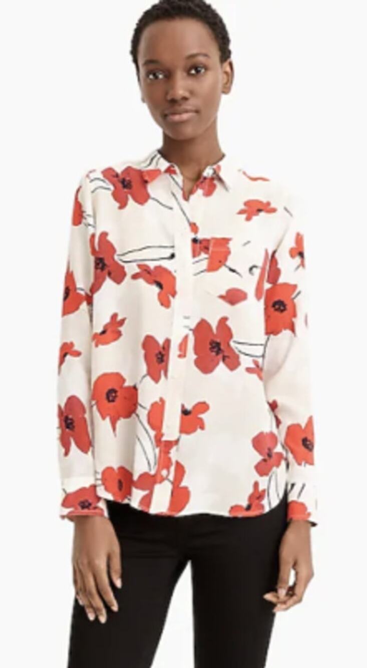 J.Crew 4 Classic-fit Boy Shirt Silk Red Poppy Print Floral Blouse Classic
